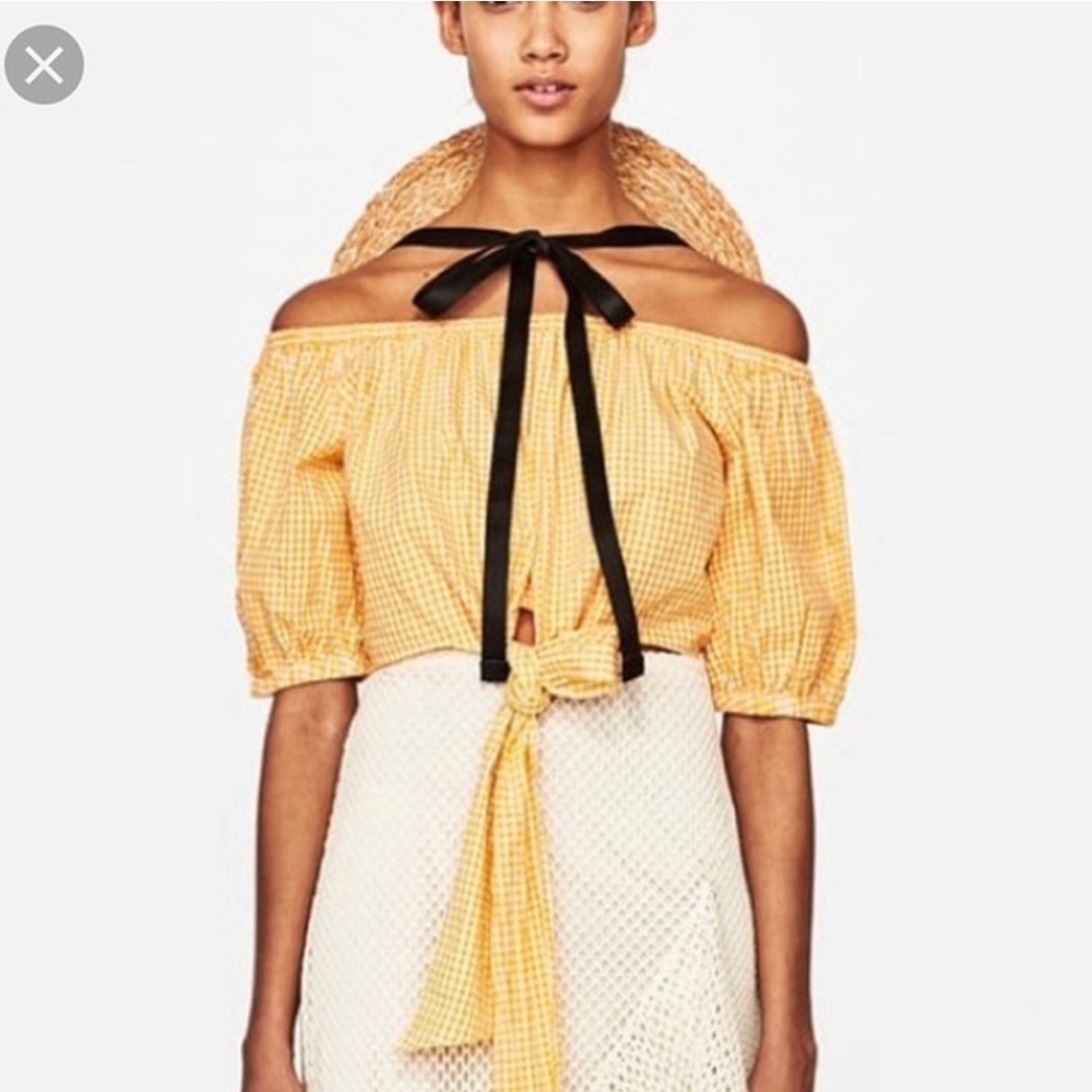 Zara yellow gingham off the shoulder crop top